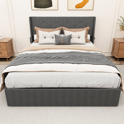 Gas Lift Storage Bed Frame Full Size, Stylish Wingback Headboard, Ports, Dark Gray Linen Upholstery, Box Spring Not Required, Foam Filled, Charging Ports Cover, No