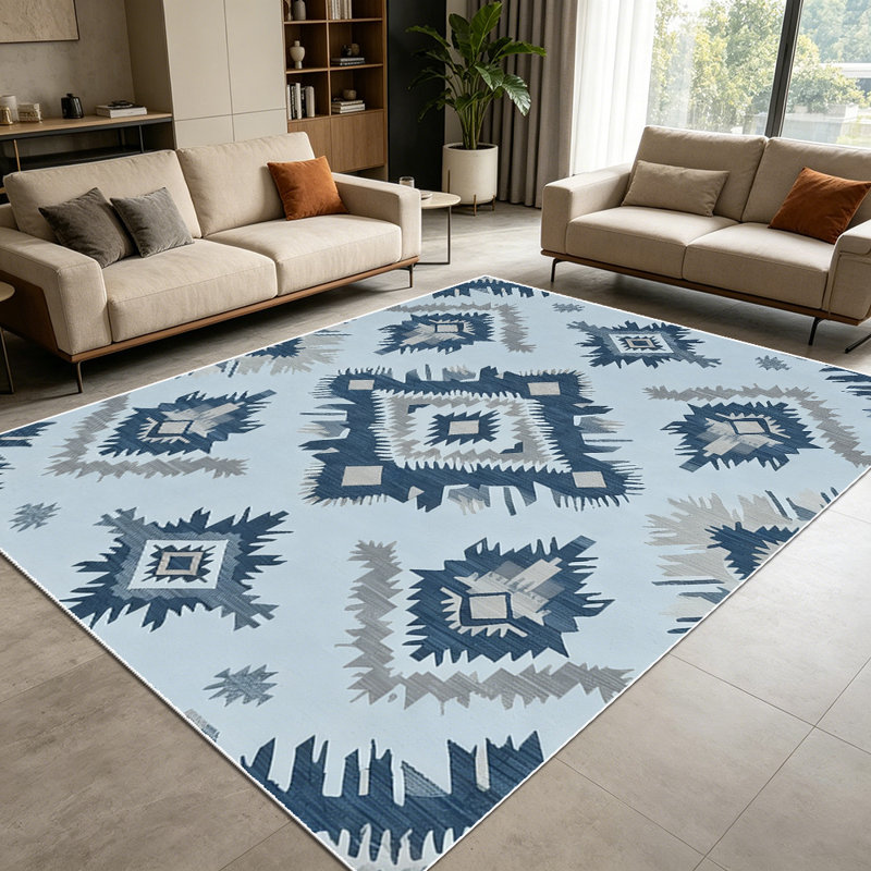 1PC Blue Grey Southwestern Aztec Geometric Printed area rugs for Living Room, Soft and Comfortable, Suitable for all seasons, easy-to-maintain, machine washable Indoor floor mat, Under Table Farmhouse suitable for dining table, kitchen, bedroom,