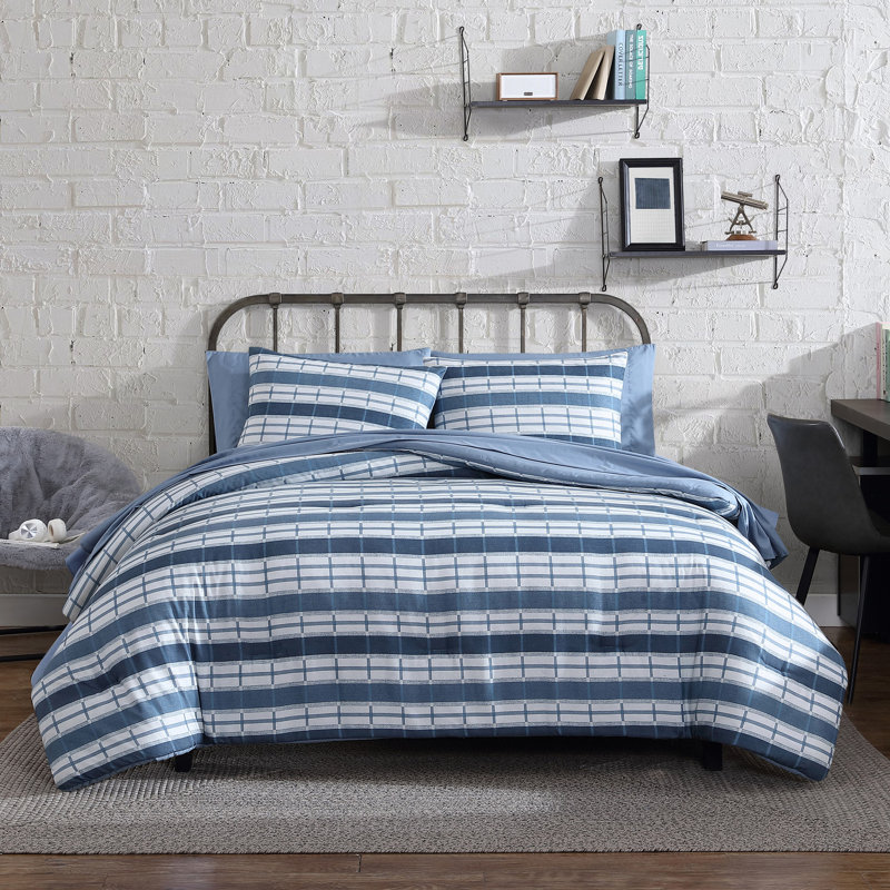 Perry Ellis Portfolio Caleb Blue Stripe Reversible Bed in a Bag Comforter Set, Queen Comforter + 6 Additional Pieces