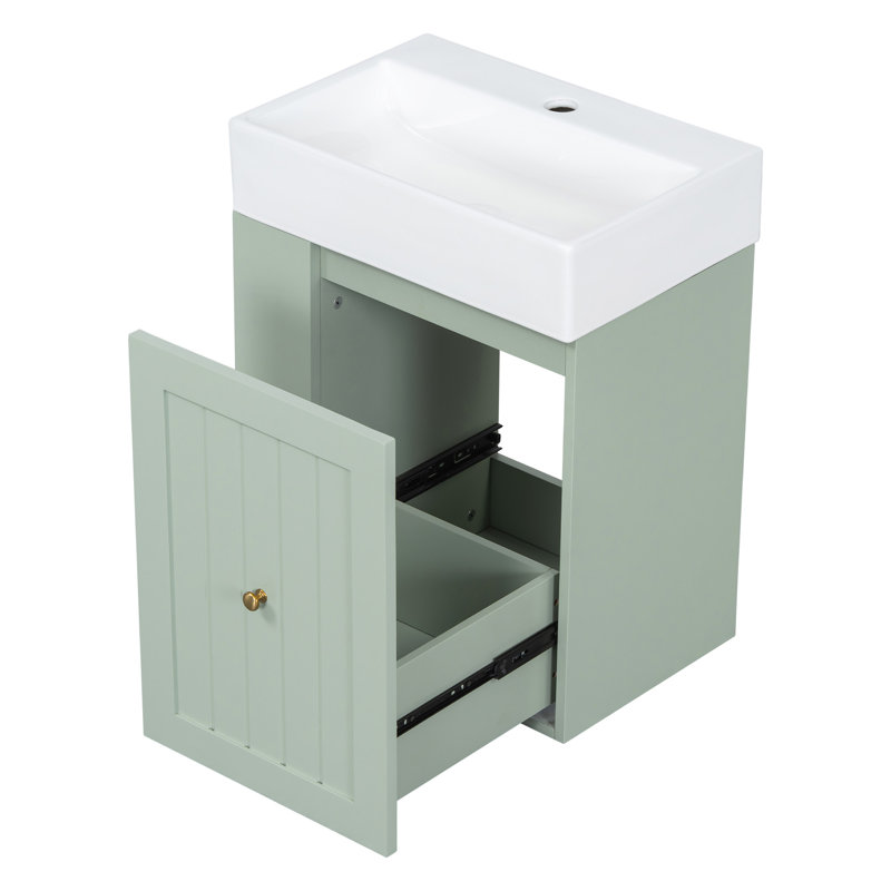 Meuble-lavabo de 20 pouces avec lavabo en céramique, armoire de rangement en panneau de fibres à densité moyenne avec tiroir, tablette latérale et poignée dorée - meuble-lavabo moderne pour les petites salles de bain
