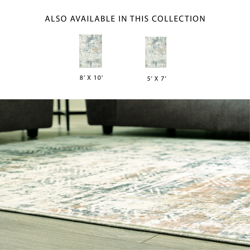 Tapis beige / bleu en polyester tissé à la machine Makinlee, Rectangle 5 pi x 7 pi
