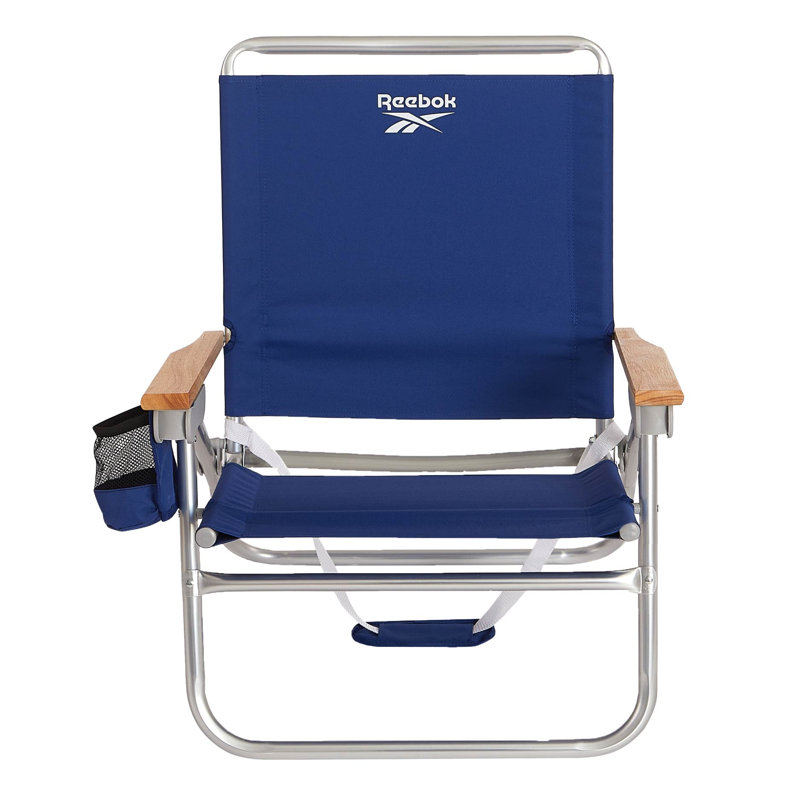 4-Position Reclining Beach Chair, Navy Folding Beach Chair with Wooden Armrests, Cup Holder & Storage Pocket, Portable Outdoor Chair