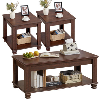 Farmhouse Coffee Table Set Of 3,rustic Wooden Living Room Table Set,large Coffee/end Side Tables With Open Shelf For Living Room,walnut