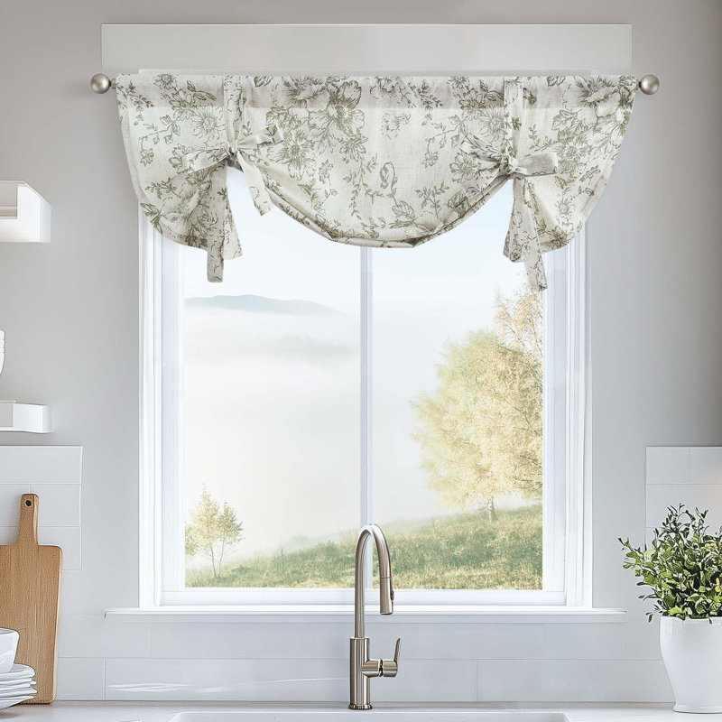 Floral Linen Tie Up Shade Valance, 42" W x 24" L, Green