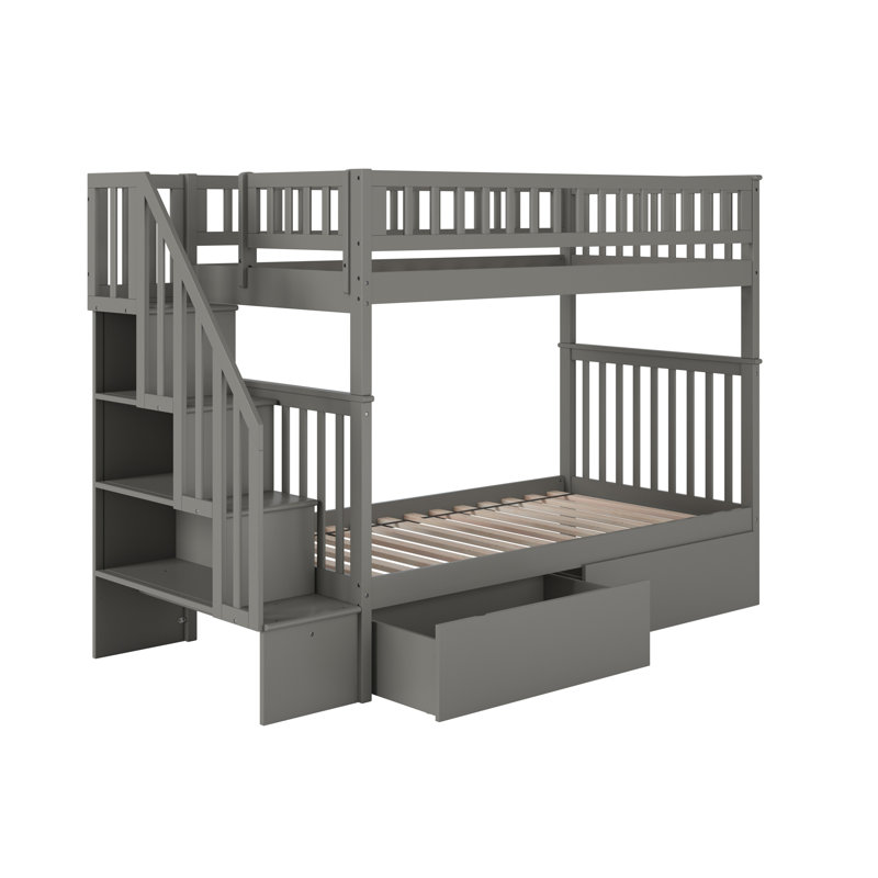 Lit superposé en bois avec escalier et tiroirs Ilariana, Simple sur simple, Gris