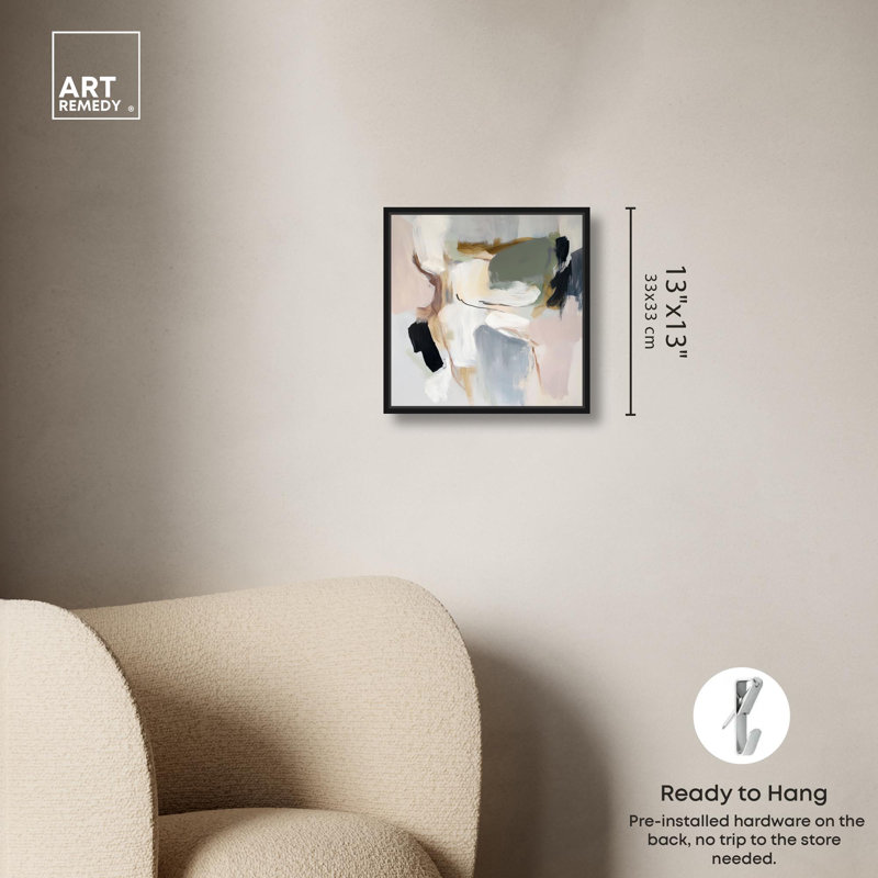 «Softened Encounters II», art abstrait neutre par Art Remedy, H 13 po x l 13 po, Cadre flottant noir