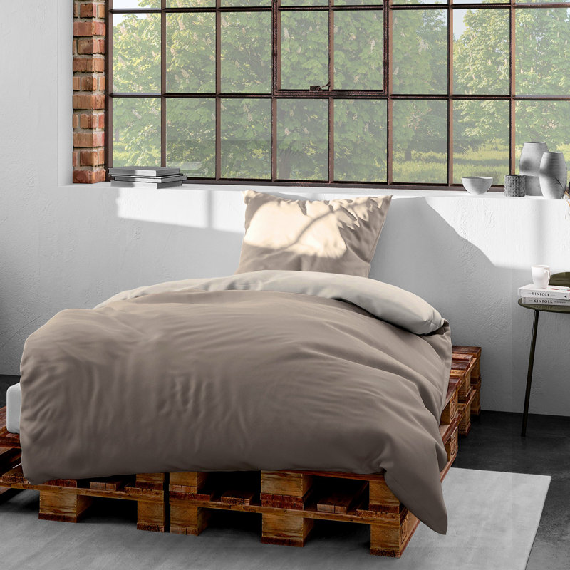 Borchers Hypoallergenic 100% Cotton 145 TC Reversible Duvet Cover Set, 135 x 200 cm - 1 Pillowcase (80 x 80 cm), Mocca