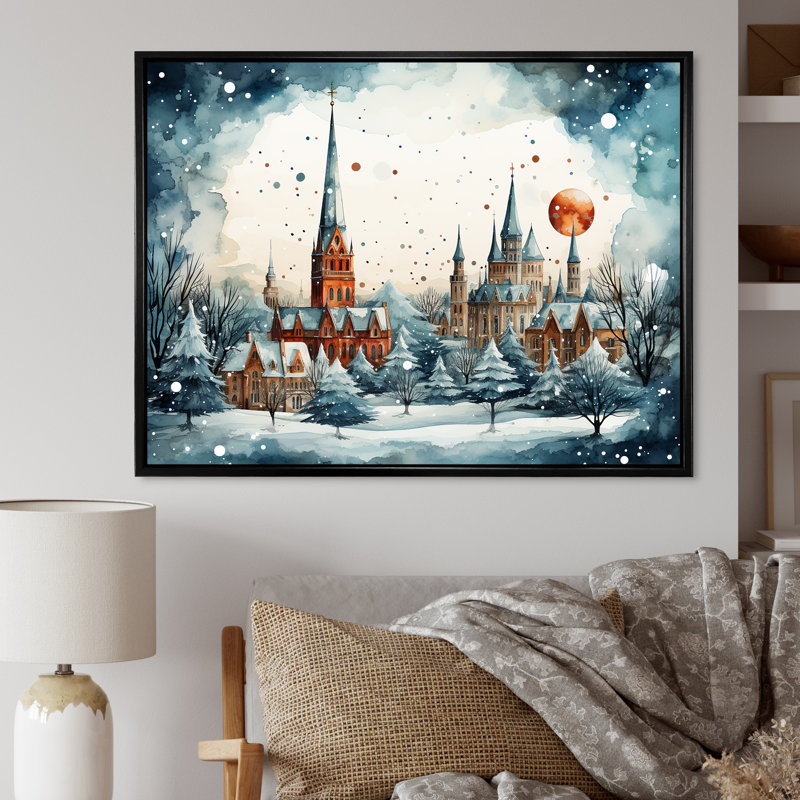 «Christmas Village In Winter II - Winter Landscape», art mural, Cadre flottant noir, H 24 po x l 32 po x P 1 po