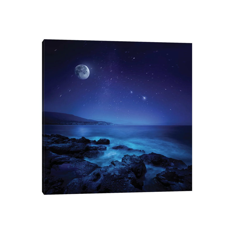 Rocks Seaside Against Rising Moon and Starry Field, Crete, Greece 1 Piece Wrapped Canvas Wall Art