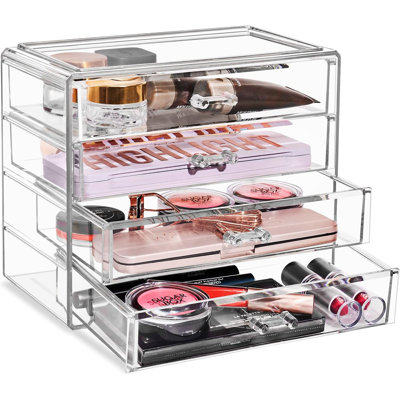 Organisateur de maquillage à 4 tiroirs larges pour coiffeuse et comptoir (transparent) | Rangement en acrylique avec tiroirs à cosmétiques