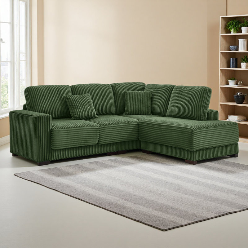 93" Sectional Sofa, L Shaped Sofa Couch With Reversible Chaise Lounge, Upholstered Soft Corduroy Couch, Green Corduroy