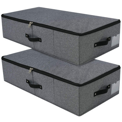 2PCS Foldable Under Bed Storage Box With Plastic Support Liner, Handles, Zipper Lid, Blankets Clothes Comforters Storage Bin Organizer For Bedroom And Closet, 29×15×7Inch, Black Grey