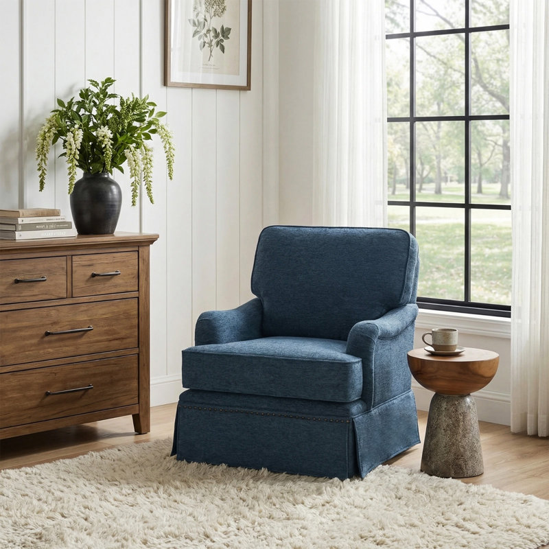 Upholstered Navy Skirted Swivel Accent Arm Chair with Nailhead Trim, Navy Chenille
