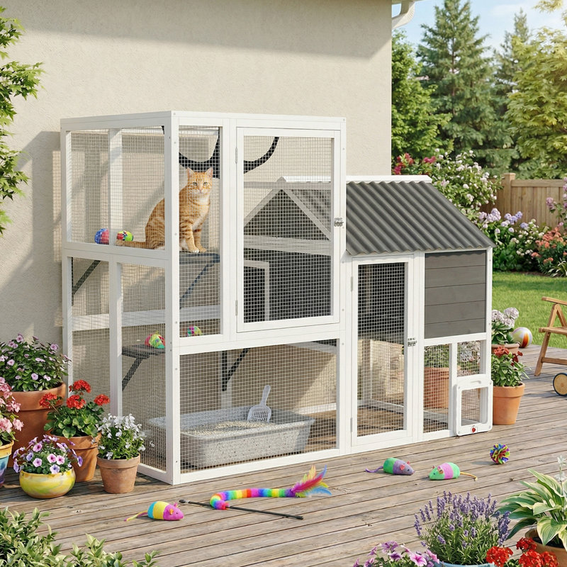 Enceinte d'extérieur pour chat Catio, grande maisonnette L 63 po avec porte à 4 voies