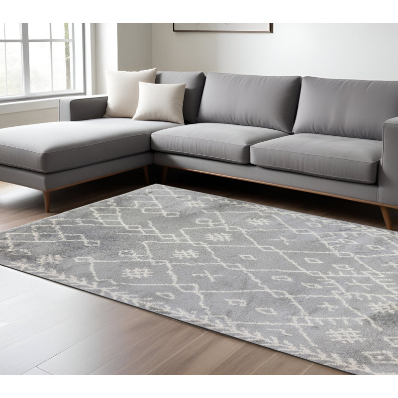 Tapis à poil long géométrique ivoire et gris clair 8 pi x 12 pi