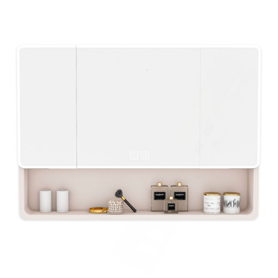 Aluminium Medicine Cabinet Mirror, 35 X 28 Inches Medicine Cabinet With 3 Colors LED Light And Defogging Function, Bathroom Mirror Cabinet With Cosmetic Storage Rack And Hair Dryer Holder