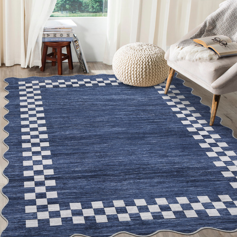 Scalloped Area Rugs Modern Bordered Accent Carpet,Non-Slip Floor Cover,Stain-Resistant Indoor Mat for Bedroom,Kitchen,Living Room