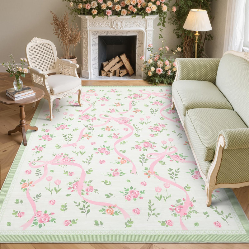 Tapis décoratif lavable, Rectangulaire 8 pi x 10 pi, Green/Pink