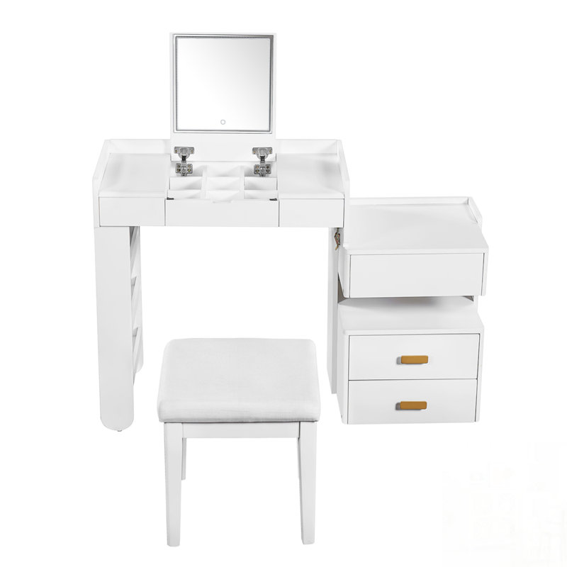 3-in-1 Makeup Vanity Desk with Flip-Top Mirror, LED Lighting, Adjustable Length & Ample Drawers - Stylish Multi-Functional Dressing Table for Home