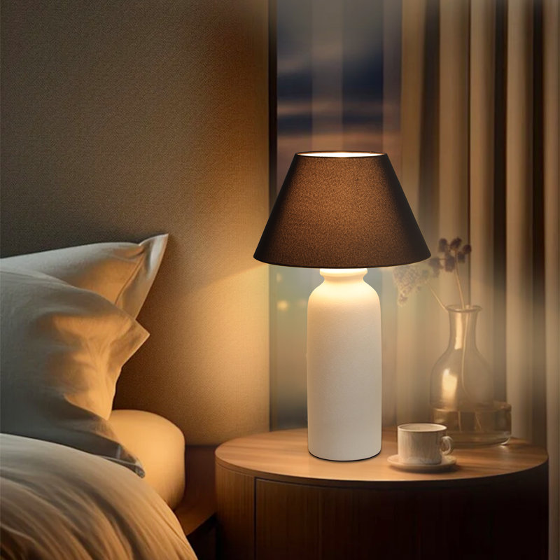  28'' Modern Ceramic Table Lamp with White Tapered Base and Natural Linen Shade, Ideal for Bedroom Nightstands, Living Room End Tables or Study Desks