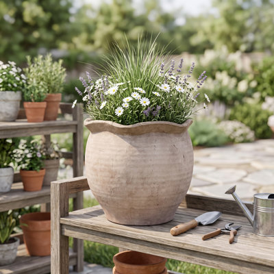 Decorative Round Terracotta Outdoor Planter for Garden Patio - Rustic Indoor Planter Flower Pot Home Decor Accent for Living Room - 15", Orange