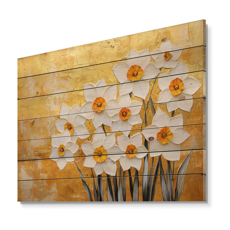 Harmonie dorée des jonquilles en été II - Décoration murale traditionnelle en bois sur bois de pin naturel