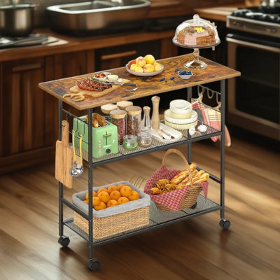 Rolling Kitchen Island Cart With 3-Tier Shelves, Lockable Wheels & 6 Hooks - Versatile Microwave Stand, Bakers Rack And Mobile Storage Cart For Kitchen, Dining Room, Or Outdoor Use