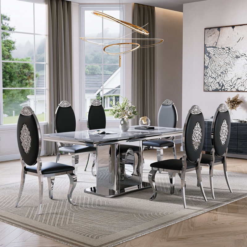 Faux Marble Top Pedestal Dining Set, Black/Silver, White/Silver, 7 Pieces: Table, 6 Chairs