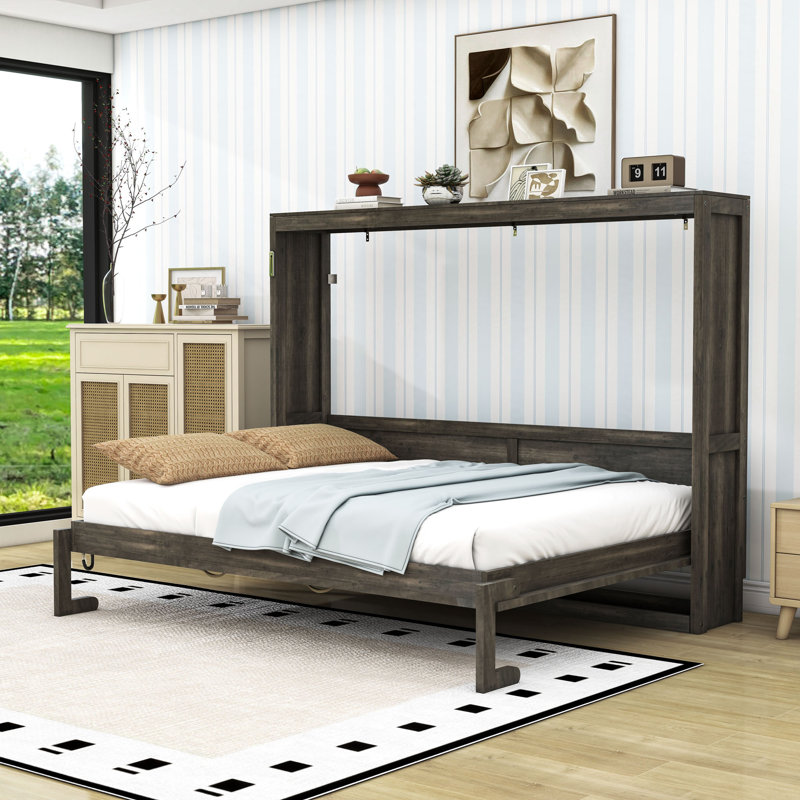 Lit escamotable en bois avec lumière DEL, Lit double, Brun