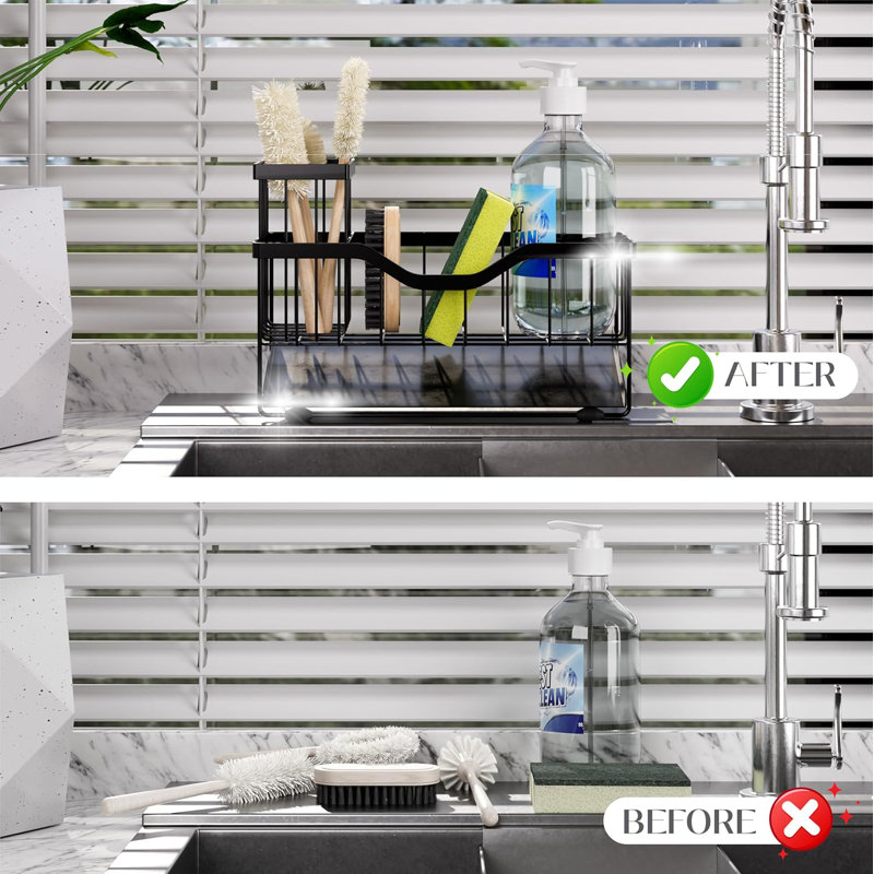 Organisateur de chariot d'évier en acier inoxydable - Design noir minimaliste pour évier de cuisine ou comptoir