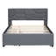Lit plateforme double tapissier pleine grandeur avec tête de lit à motif brique, avec lit gigogne simple et 2 tiroirs, tissu en lin, gris