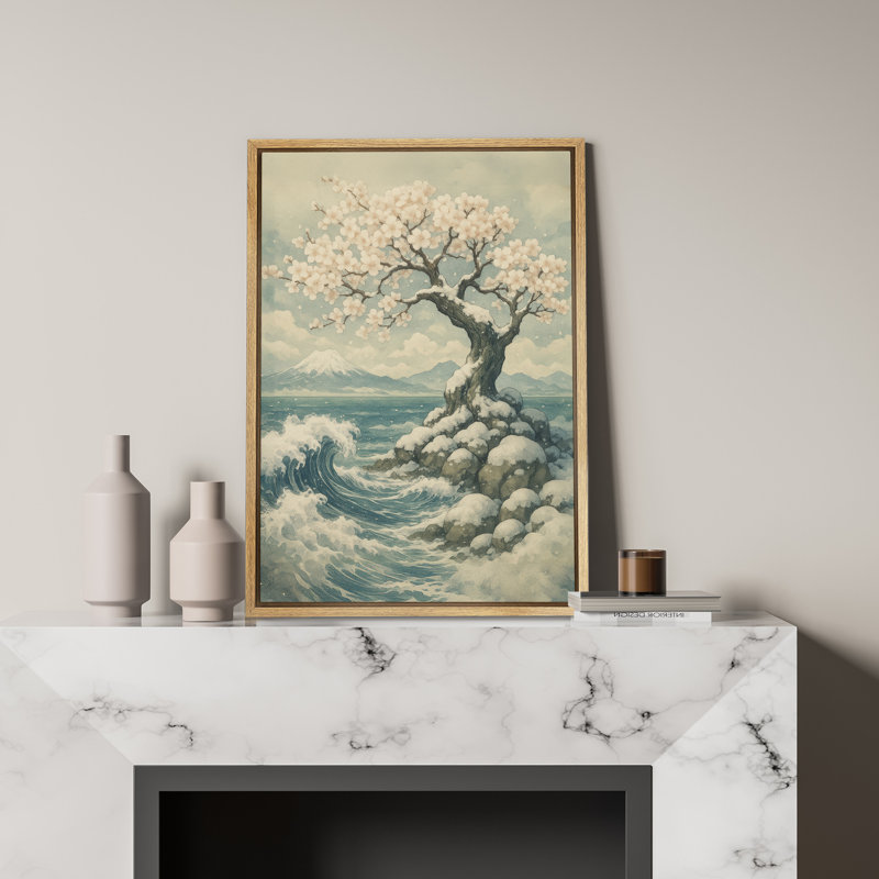 «Blossoming Tree on Rocky Shore», reproduction d'art sur toile encadrée - paysage côtier serein avec des vagues de l'océan pour des intérieurs modernes et tranquilles