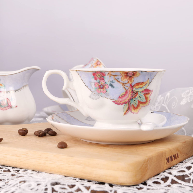 Service à thé en porcelaine avec fleurs, tasse à thé et soucoupe, service pour 6 personnes, théière de mariage, pot à sucre, crème, ensemble de café en porcelaine