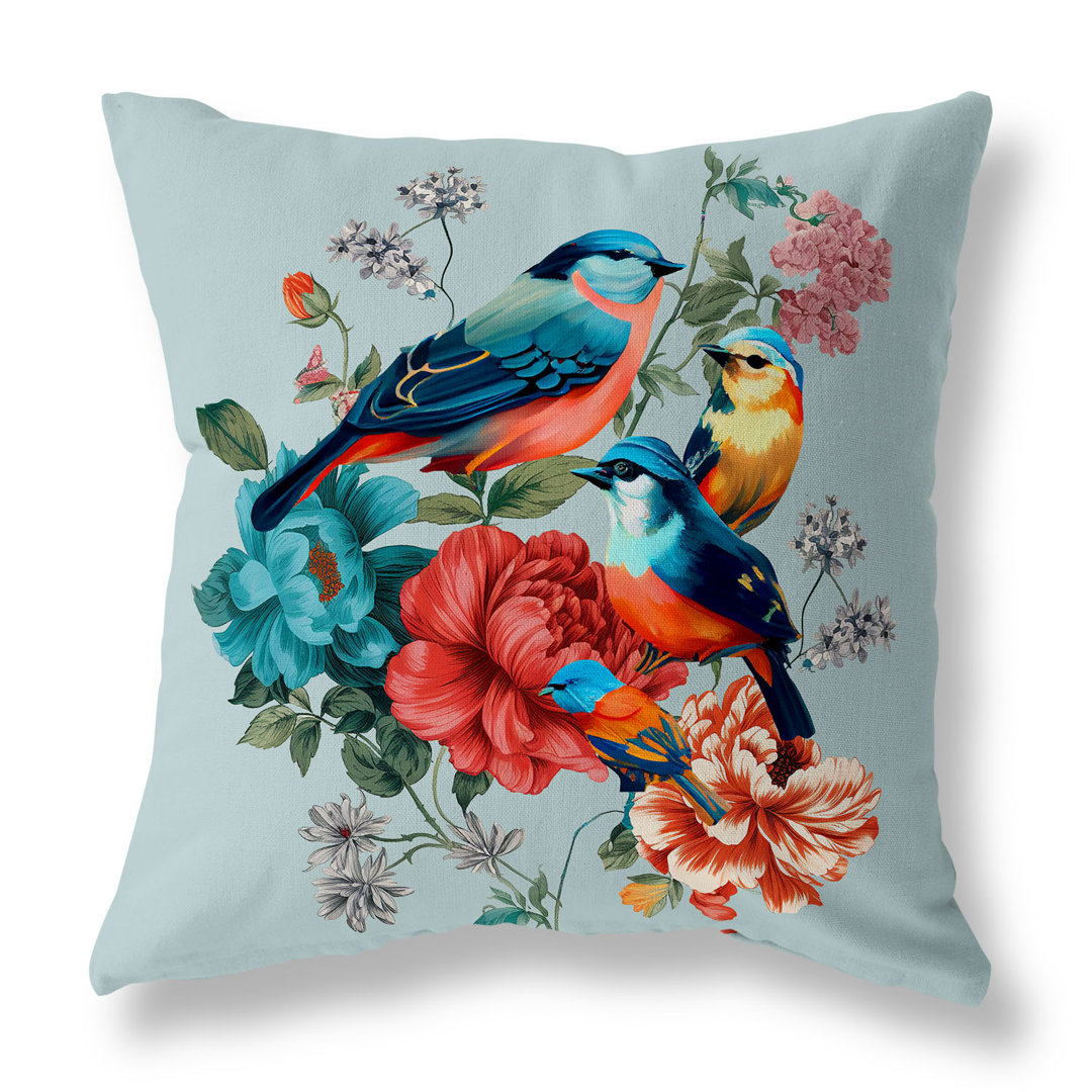 Petal Perched Birds Floral Square Cushion With Filling