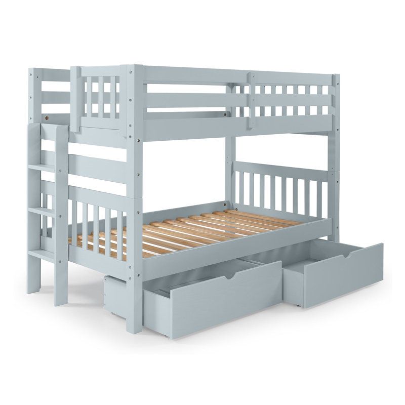 Treva Solid Wood Standard Twin over Twin Bunk Beds, 3 Step Ladder, 2 Under Bed Drawers, Breezy Blue, Blue
