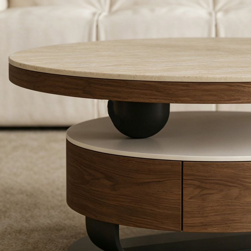 Ensemble de table basse ronde en ardoise avec rangement décontracté, Black