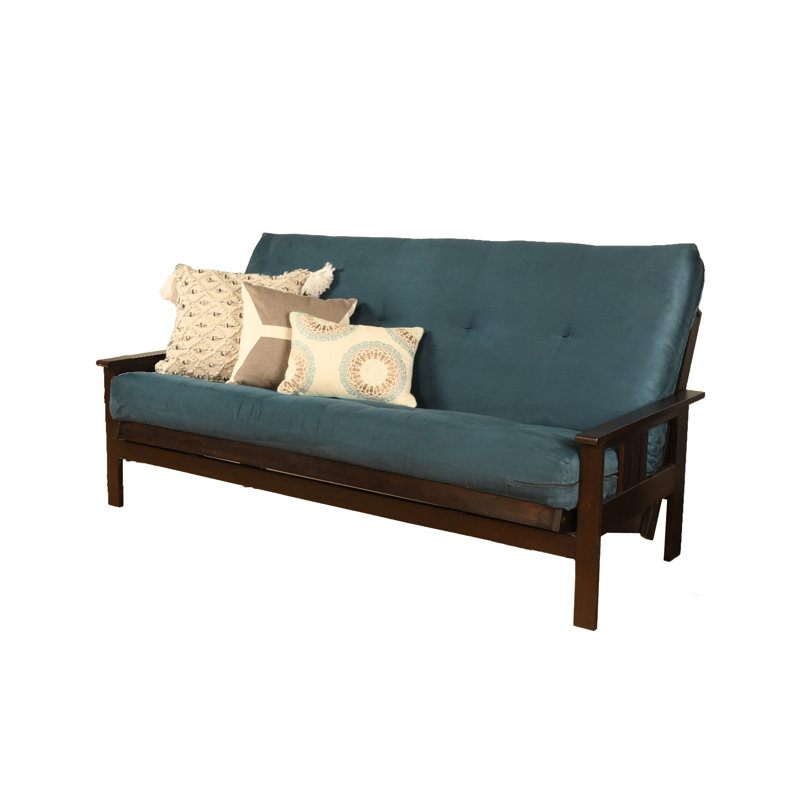 Johnte Full-Size Futon Frame and Full-Size Innerspring Mattress, À ressorts, Microsuède bleu, Espresso