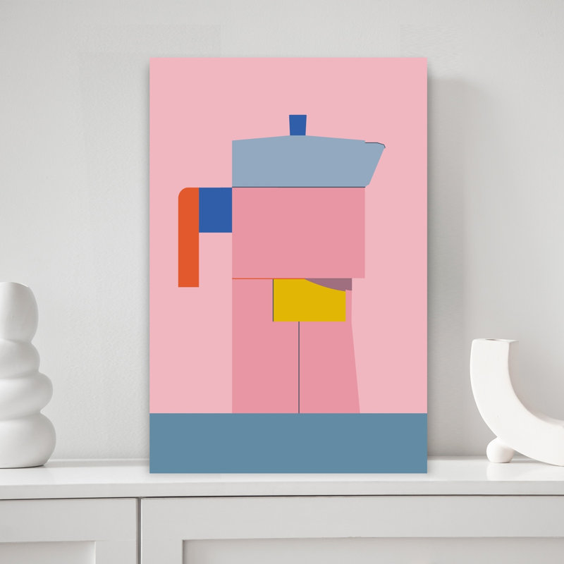 Art mural contemporain coloré abstrait avec pot de café géométrique coloré, H 18 po x l 12 po