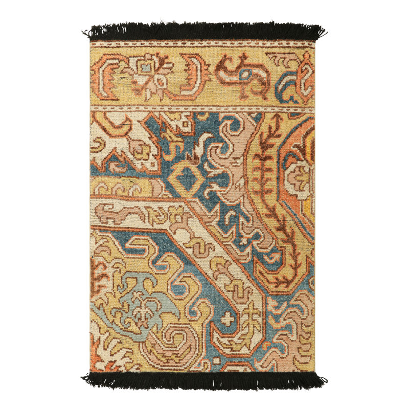 Rug & Kilim’S Dragon Rug In Gold And Blue With Geometric-Floral Patterns