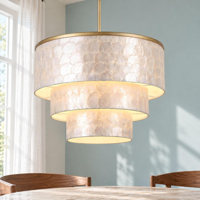 22" 5-Light Tiered Capiz Shell Drum Chandelier, H 16 po x l 22 po x P 22 po, 2 niveaux, Antique Gold