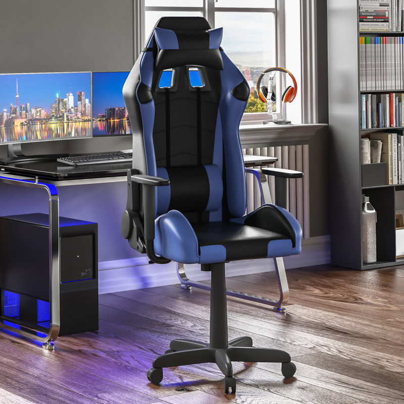 Latitude Run Muskoka Adjustable Reclining Ergonomic Faux Leather Swiveling PC & Racing Game Chair, Blue