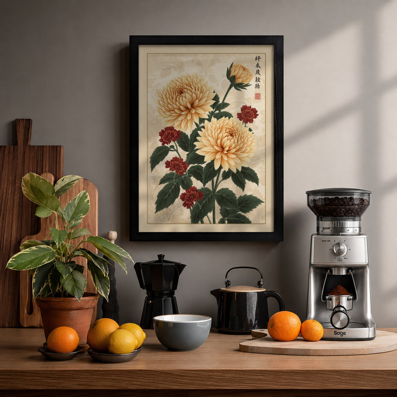 Chrysanthemum Study Botanical - Framed Print, A2 - 59.4 x 42.0 cm, Black