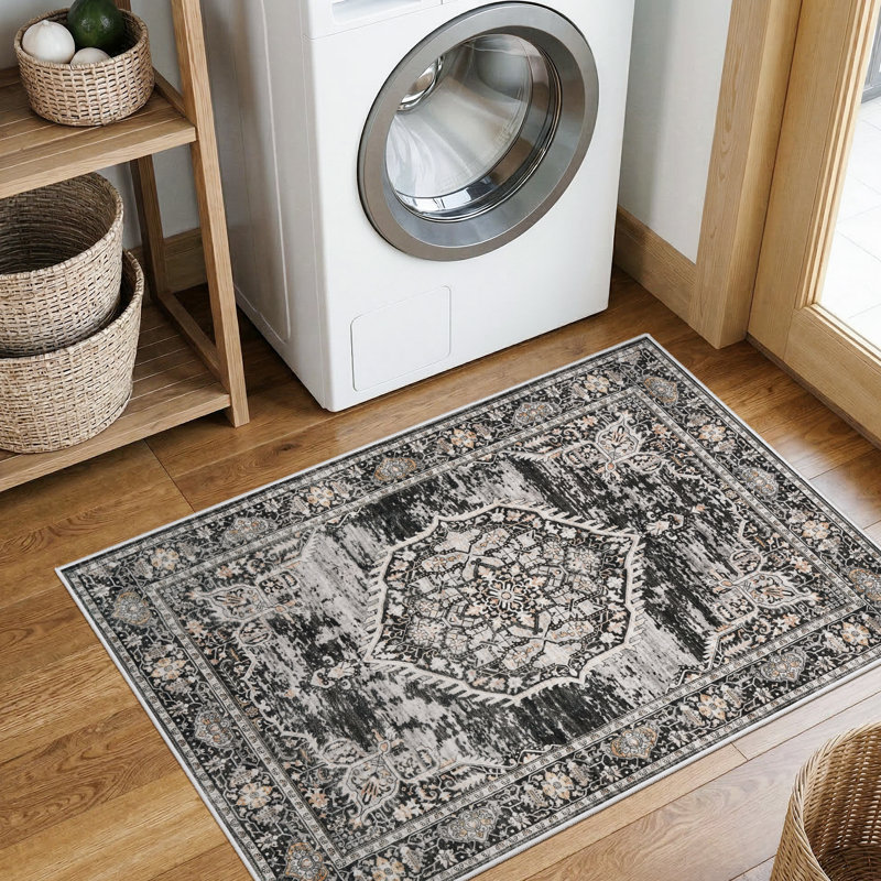 Washable Entryway Rug: Farmhouse Kitchen Hallway Rug Wide Soft Water Resistant Floor Mat for Bathroom Nursery Non Slip Indoor Carpet for Living Room Bedroom Dining Room(Black)