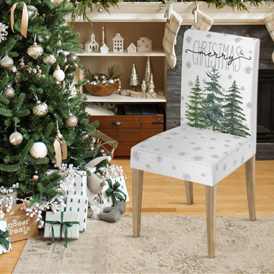 Housses de chaise de Noël - Blanc - Housses extensibles, amovibles et lavables avec motif de pin pour la salle à manger ou la maison
