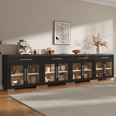 Bhhatu 126'' W Glass Door Cabinet with 4 Drawers, Black