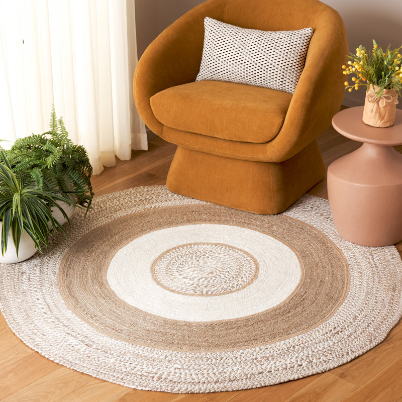 Natural Fiber Handwoven Jute Geometric Rug, Round 5'