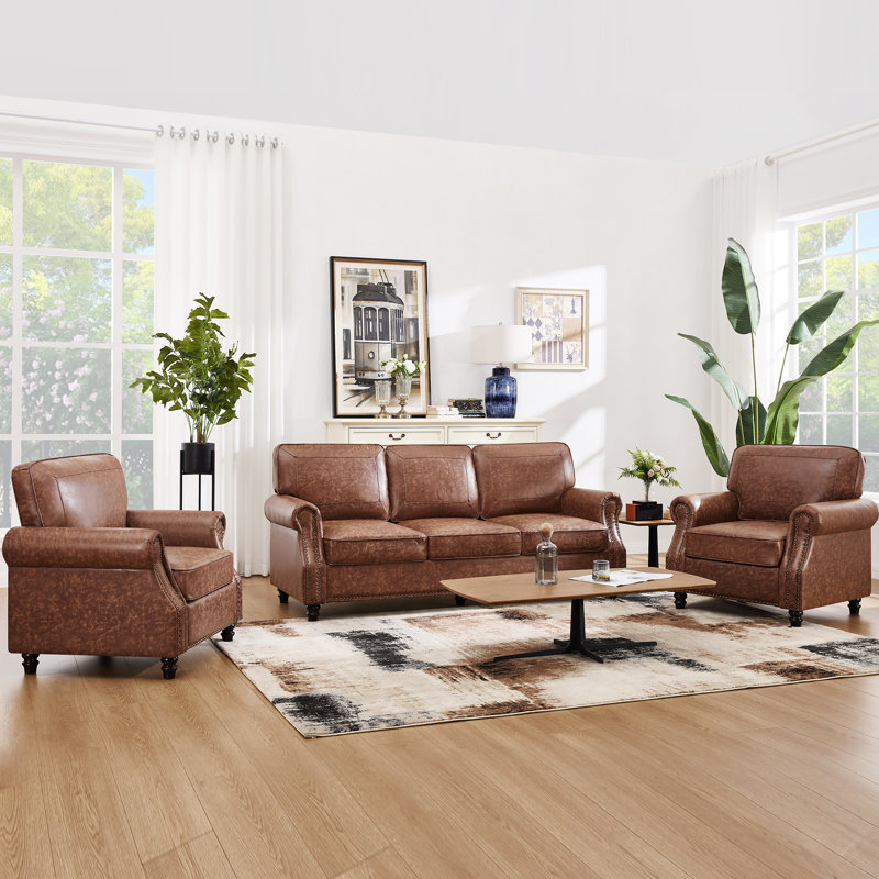 Ensemble de salon en similicuir 3 pièces, Marron foncé