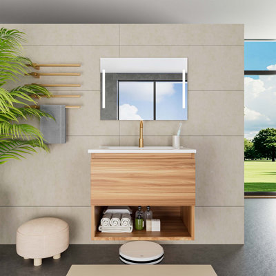 Meuble-lavabo moderne de 24 pouces avec lavabo en céramique - Meuble-lavabo mural flottant cannelé avec tiroirs