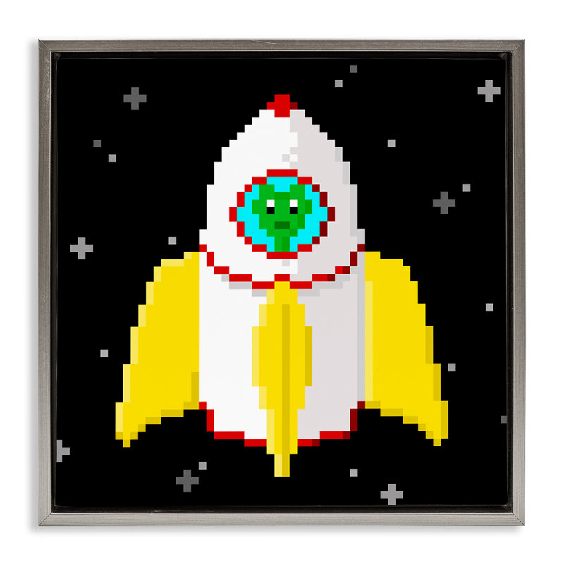 "Pixel Alien In Space", art mural sur toile flottante par June Erica Vess, Cadre flottant gris lustré, H 25 po x l 25 po