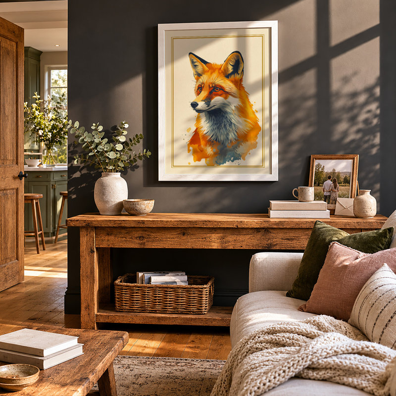 Fox in Watercolour Japandi - Framed Print, A3 - 42.0 x 29.7 cm, White